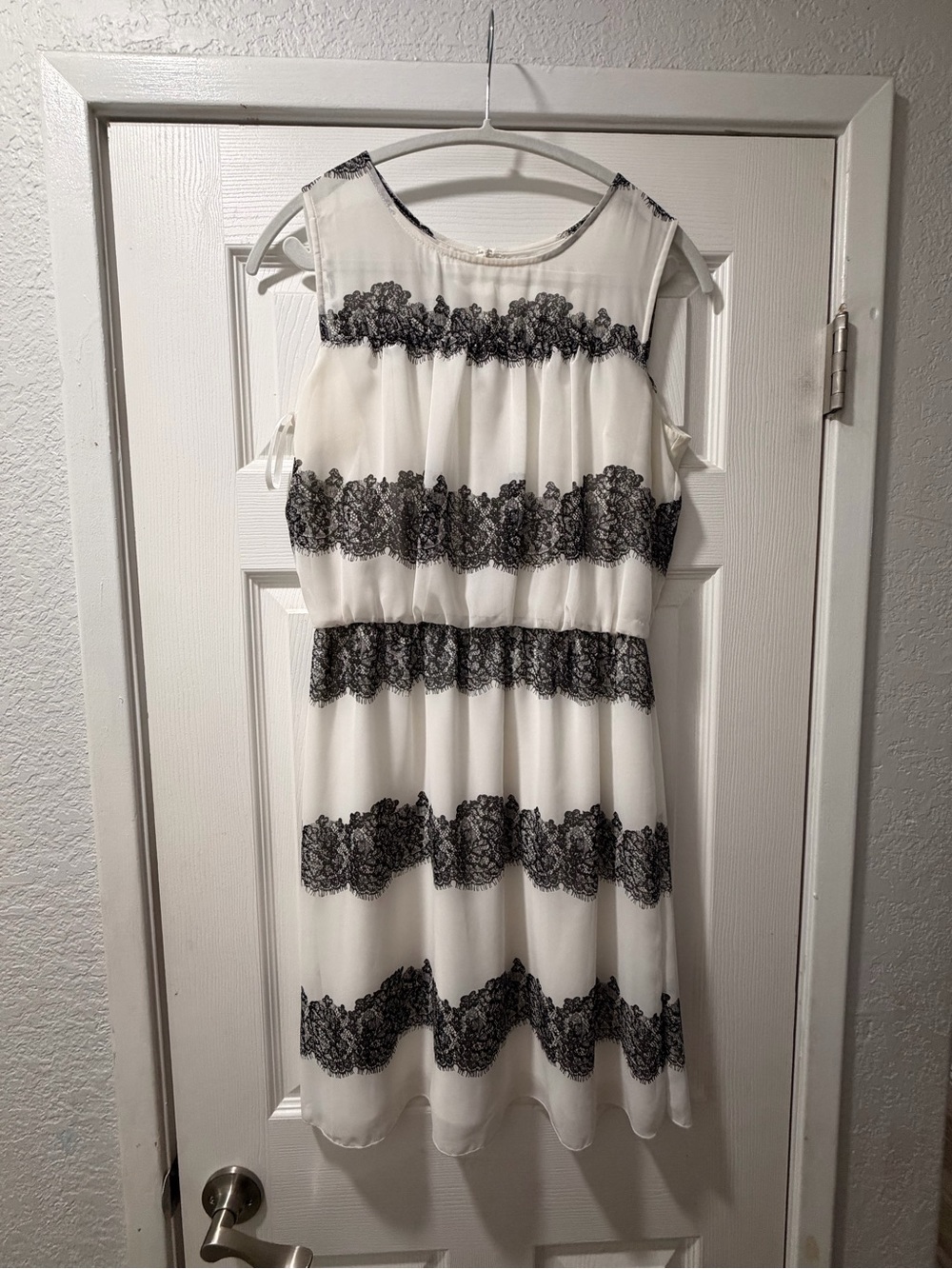 Studio White Midi Dress with Black Lace Stripes